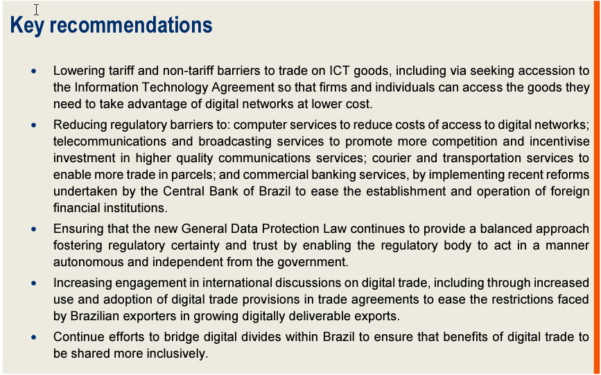 nigelcory's tweet photo. Thorough @OECDtrade analysis in its Digital Trade Review of Brazil. Highlights Brazil's growing digital services trade (&amp; role of SMEs) &amp; engagement in talks &amp; major challenges like high ICT tariffs &amp; non-tariff measures. Kudos @jlopezgonzalez1 &amp; team: https://t.co/RBV9w7qklp https://t.co/sw8jx9hFtg
