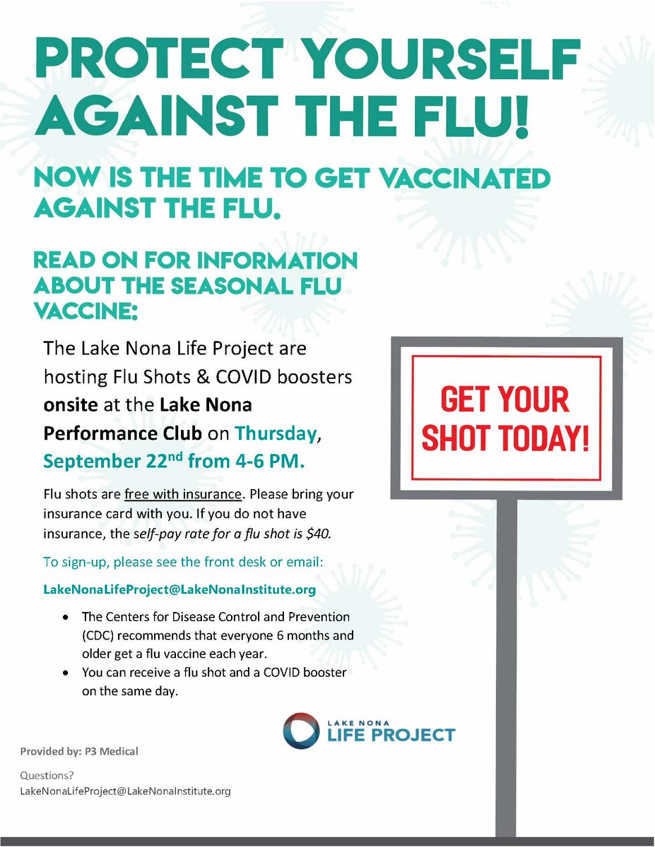 Armor up this flu season! 💪 The Lake Nona Life Project will provide flu shots and COVID-19 boosters onsite at the Lake Nona Performance Club on Thursday, Sept. 22 from 4-6 p.m. 

Shots are free with insurance. To sign-up,  email:
LakeNonaLifeProject@LakeNonaInstitute.org