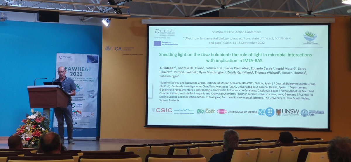 SeaWheatCOST's tweet photo. Dr José Pintado its going to explain the Shedding light on the Ulva holobiont: the role of light in microbial interactions with implication in IMTA-RAS #algae #ulvacostaction #seawheat #seaweed #ca20106 #ulva https://t.co/TUAJCbGDHL