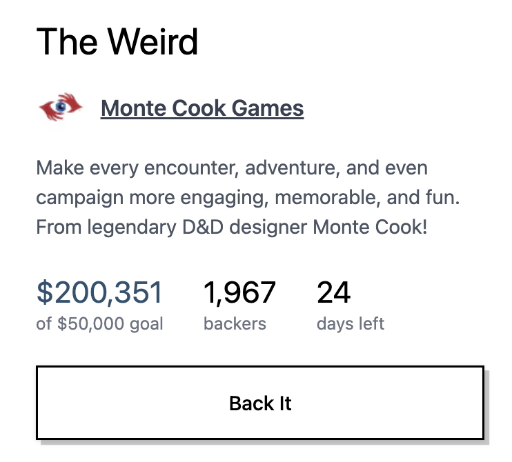 MonteCookGames's tweet photo. 🎉 What a cool almost-24 hours it's been: funded with two stretch goals unlocked! Look for that update coming soon!

Not pledged yet? Hop on over to BackerKit and check The Weird out for yourself! https://t.co/qzjBDgBbeE