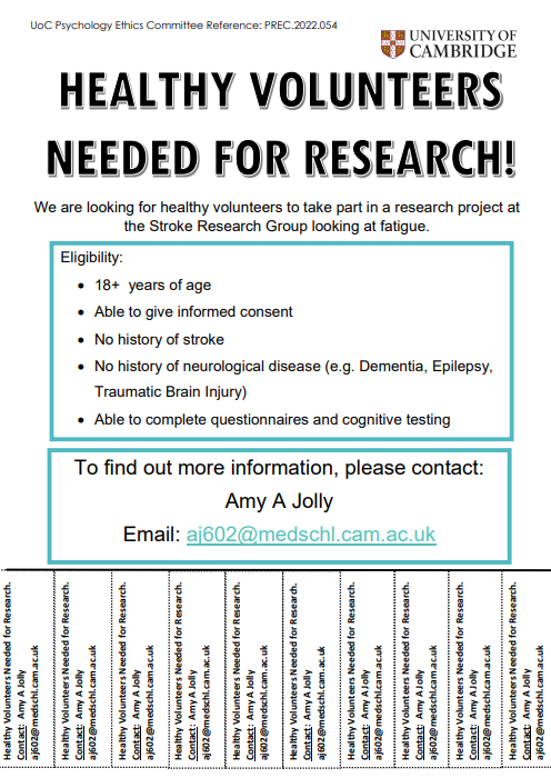 Hello Cambridge Twitter!
We are looking for healthy volunteers in the local area to #takepartinresearch looking at Fatigue at the Stroke Research Group, Addenbrooke's Hospital. 

Please get in touch if interested! 
#cambridge #cambridgeresearch