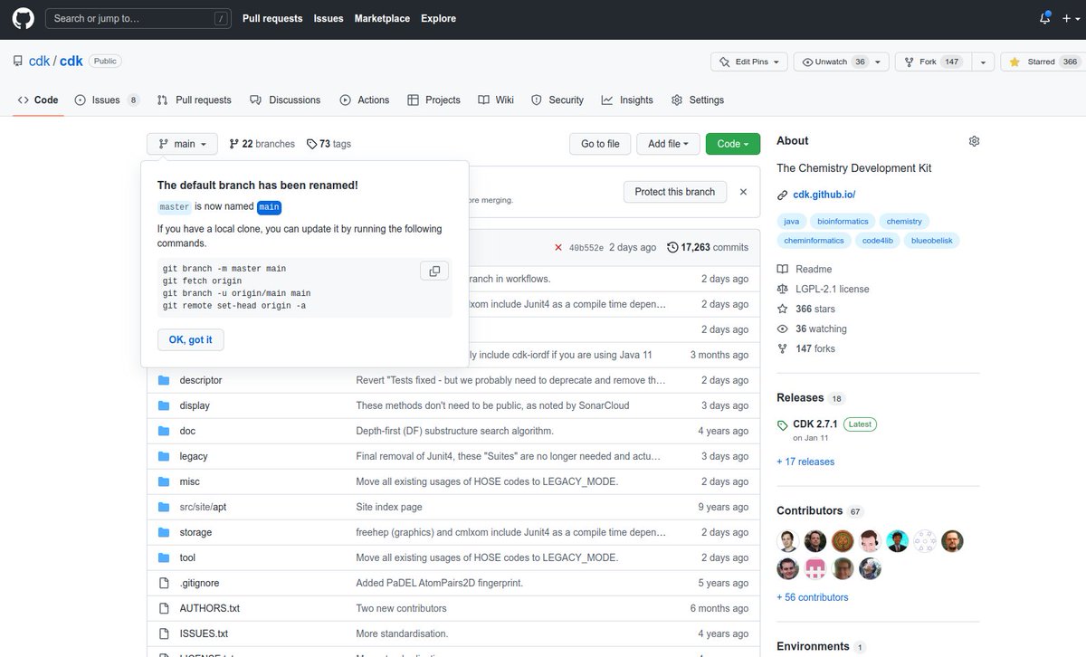 the next time you visit github.com/cdk/cdk you may see the a popup dialog. we changed the name of the default branch of 'main':