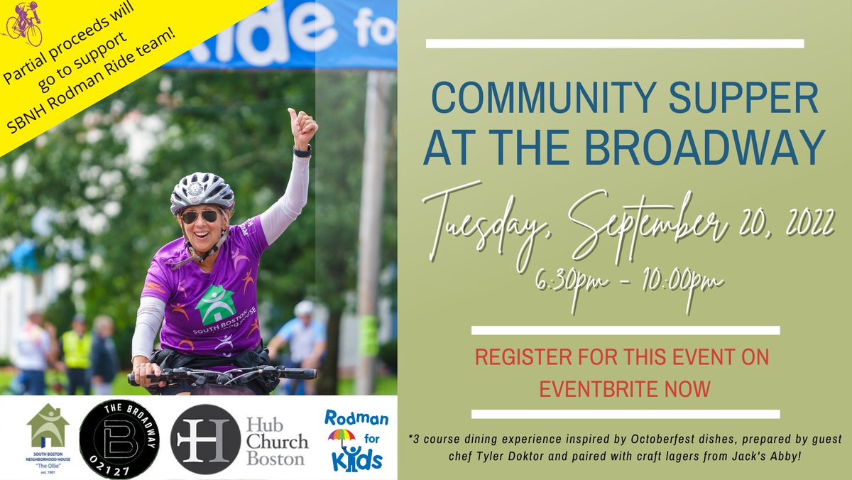 South Boston Neighborhood House (@_sbnh) on Twitter photo Community Supper at the Broadway. Fundraising event to support TEAM OLLIE.
A 3 course meal by guest chef, Tyler Doktor on Tuesday, September 20 at 6:30PM. 
Buy tickets on Eventbrite now: bit.ly/3d5pCuW
#rodman4kids #southie #southboston #thebroadway02127 #hubchurchboston Community Supper at the Broadway. Fundraising event to support TEAM OLLIE.
A 3 course meal by guest chef, Tyler Doktor on Tuesday, September 20 at 6:30PM. 
Buy tickets on Eventbrite now: bit.ly/3d5pCuW
#rodman4kids #southie #southboston #thebroadway02127 #hubchurchboston