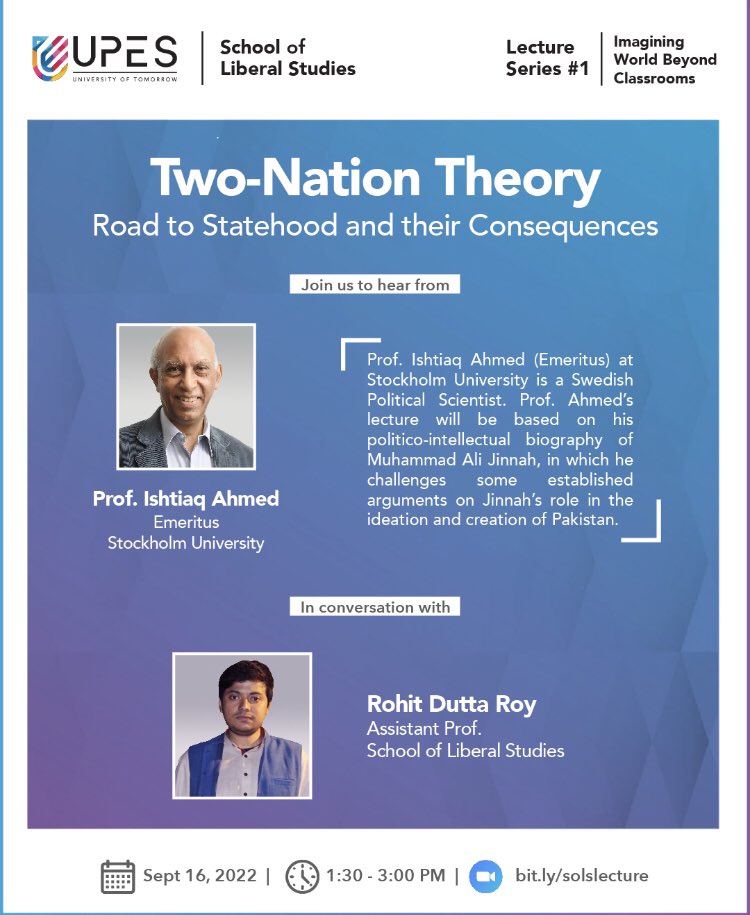 himmijha's tweet photo. Stoked to kick off our inaugural #solslectureseries @UPESDehradun  with Prof. Ishtiaq Ahmed @IshtiaqLahori @Stockholm_Uni who will discuss his recently published book on politico-intellectual biography of Jinnah. Do attend  via the link below 👇 https://t.co/6wFhQKu4Mm