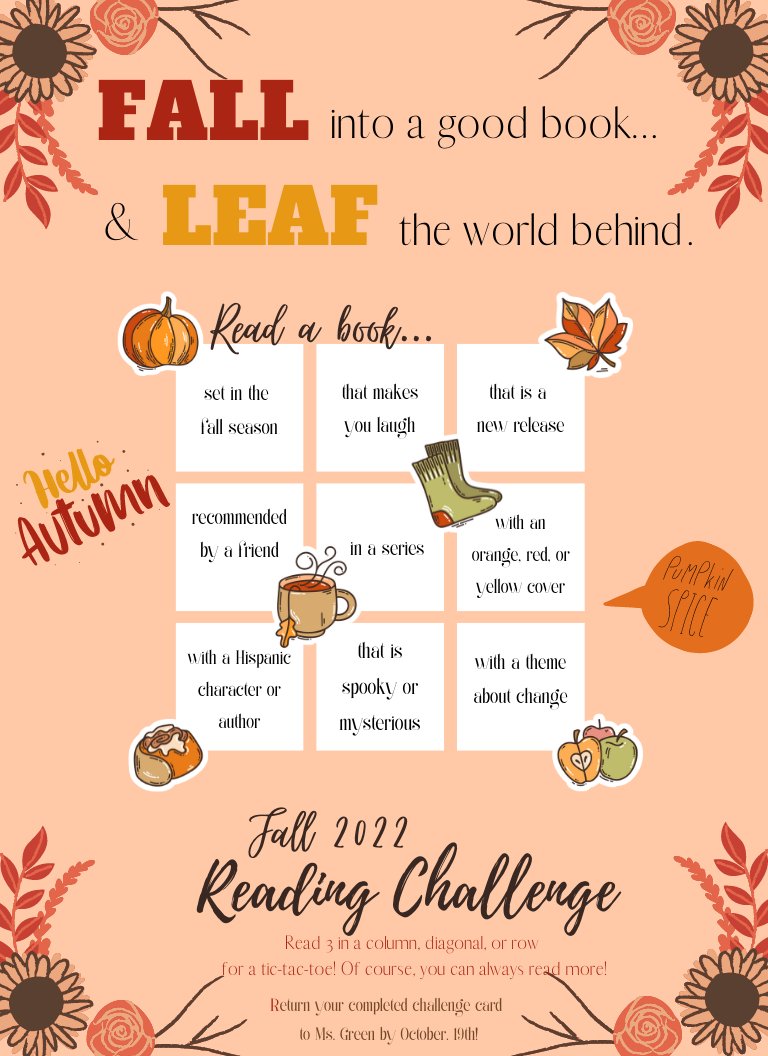 Holly Green (@msgreenreads) on Twitter photo Hey, Legends! Join us for a fall reading challenge during September & October! Fall into a good book, and leaf the world behind...🍁🍂🍁 <a href="/LawlerMS_FISD/">Lawler Middle School</a> <a href="/FISD_Libraries/">Frisco ISD Libraries</a> #FISDmadetoshine #LegendsRead Hey, Legends! Join us for a fall reading challenge during September & October! Fall into a good book, and leaf the world behind...🍁🍂🍁 <a href="/LawlerMS_FISD/">Lawler Middle School</a> <a href="/FISD_Libraries/">Frisco ISD Libraries</a> #FISDmadetoshine #LegendsRead
