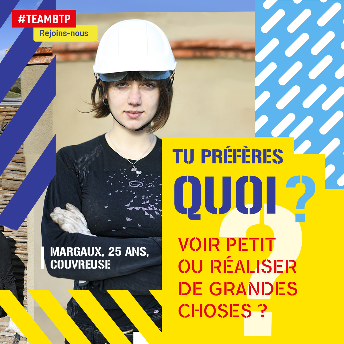 BTPRhone's tweet photo. Et toi, tu préfères quoi ❓❔
Voir petit ou réaliser de grandes choses ?
Comme Margaux, rejoins #TeamBTP et vois les choses en grand ! 👷♀️👷♂️
#couvreur #couvreuse #BTP #emploi #avenir https://t.co/Xycskl72S8
