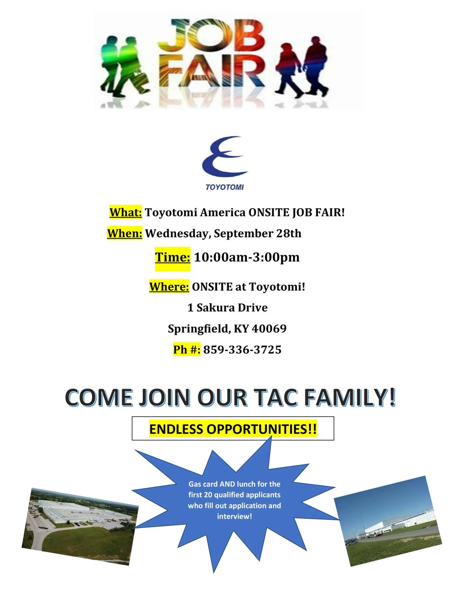 Toyotomi Job Fair
September 28th 10 AM to 3 PM
Location: Toyotomi
1 Sakura Drive
Springfield, KY 40069