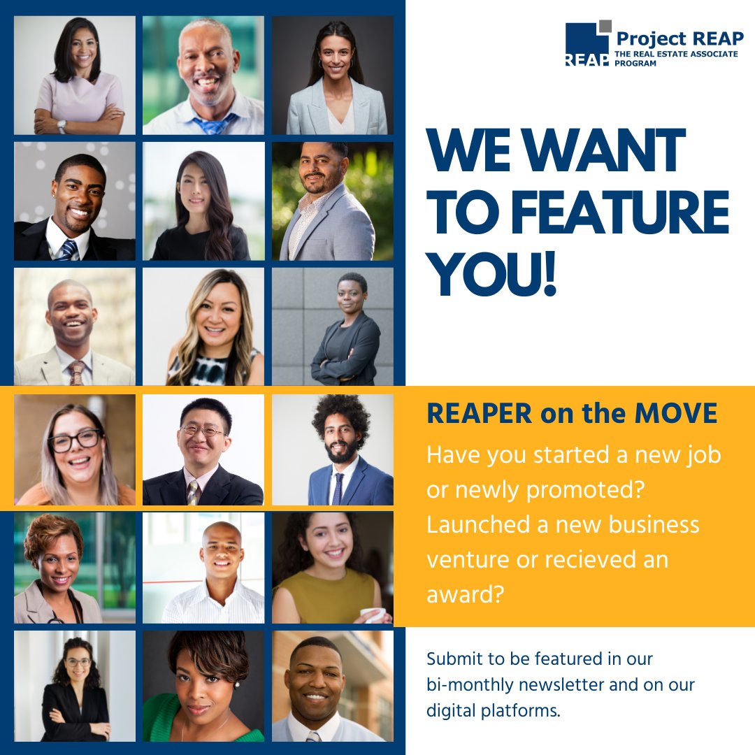ProjectREAP's tweet image. Calling All REAP Alumni!!! 📢 We want to feature you!!! 🎉

Update the community and industry on your latest milestones.

Fill out our REAPER on the MOVE form to be featured in our bi-monthly newsletter and on our digital platforms. 

#ProjectREAP #REAP #CRE #realestate