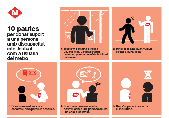 TMB_Barcelona's tweet photo. El personal de Metro 🚇 disposa d’una eina per millorar l’atenció als usuaris i usuàries amb discapacitat intel·lectual. És un decàleg fruit d’una col·laboració de TMB i @_dincat amb 🔟 pautes per millorar l’atenció que se'ls proporciona. 
Consulta’l 📌https://t.co/lOXP0lfHCU https://t.co/KjsbQBHyw2
