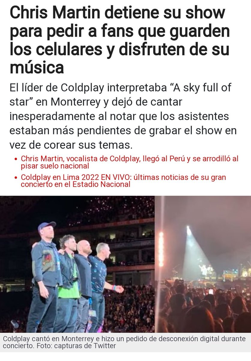 nicolassalazarl's tweet photo. Que Chris Martin haga lo mismo en otras ciudades no quiere decir que sea parte de su show 🤦🏻‍♂️. La mala costumbre es universal. Disfruten de los conciertos amiguitos. Ese video solo sirve para decir que están ahí. Les aseguro que al final lo borran 😂. https://t.co/PAklUfPGSw