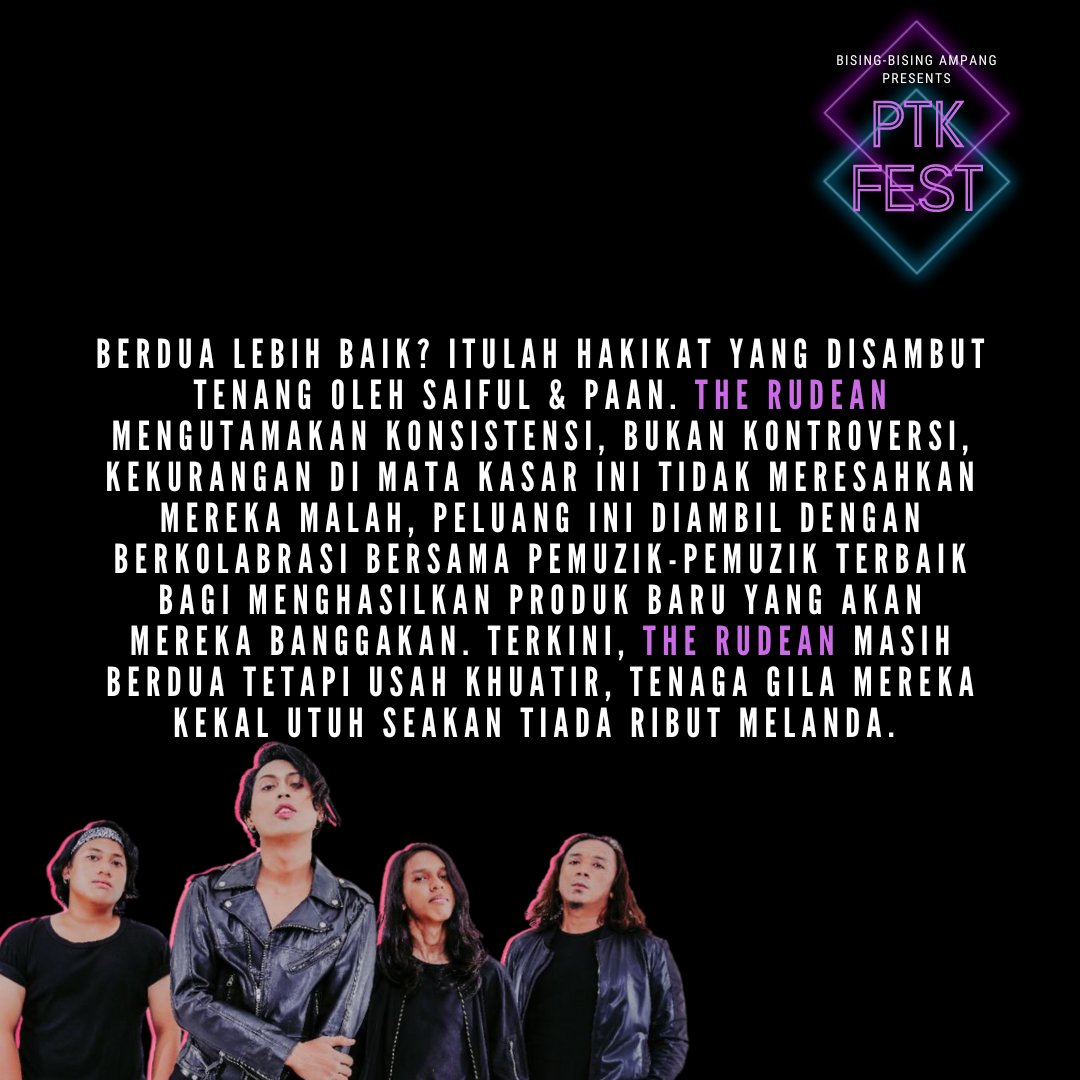 Malam-malam ni, kita cerita sikit pasal <a href="/TheRudean/">The Rudean</a> 

Jom kita support The Rudean &amp; masa PTK Fest nanti, bergambar dengan diorang &amp; ambil video diorang &amp; TAG diorang sampai satu Malaysia!