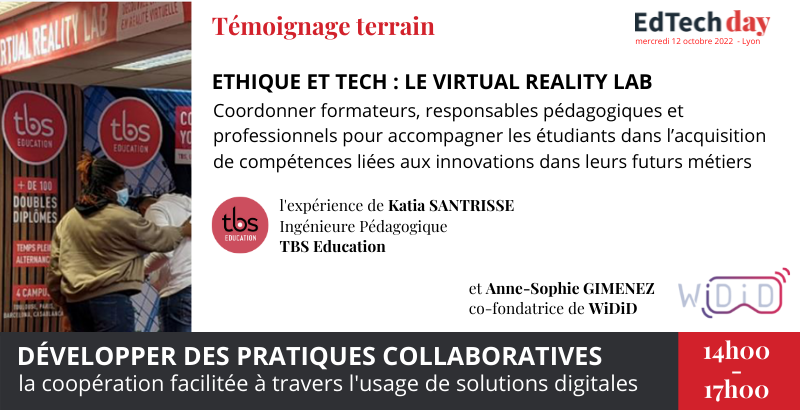 Témoignage Terrain au #EdTechDay à Lyon : <a href="/santrisse_katia/">Katia Santrisse</a>, ingénieure pédagogique partagera son expérience d'usage de la #VR pour soutenir le travail collaboratif dans l'équipe pédagogique au sein de <a href="/tbs_education/">TBS Education</a>. Un témoignage aux côtés de <a href="/AS_Gimenez/">anne sophie gimenez</a> de <a href="/WIDID_France/">WIDID</a>