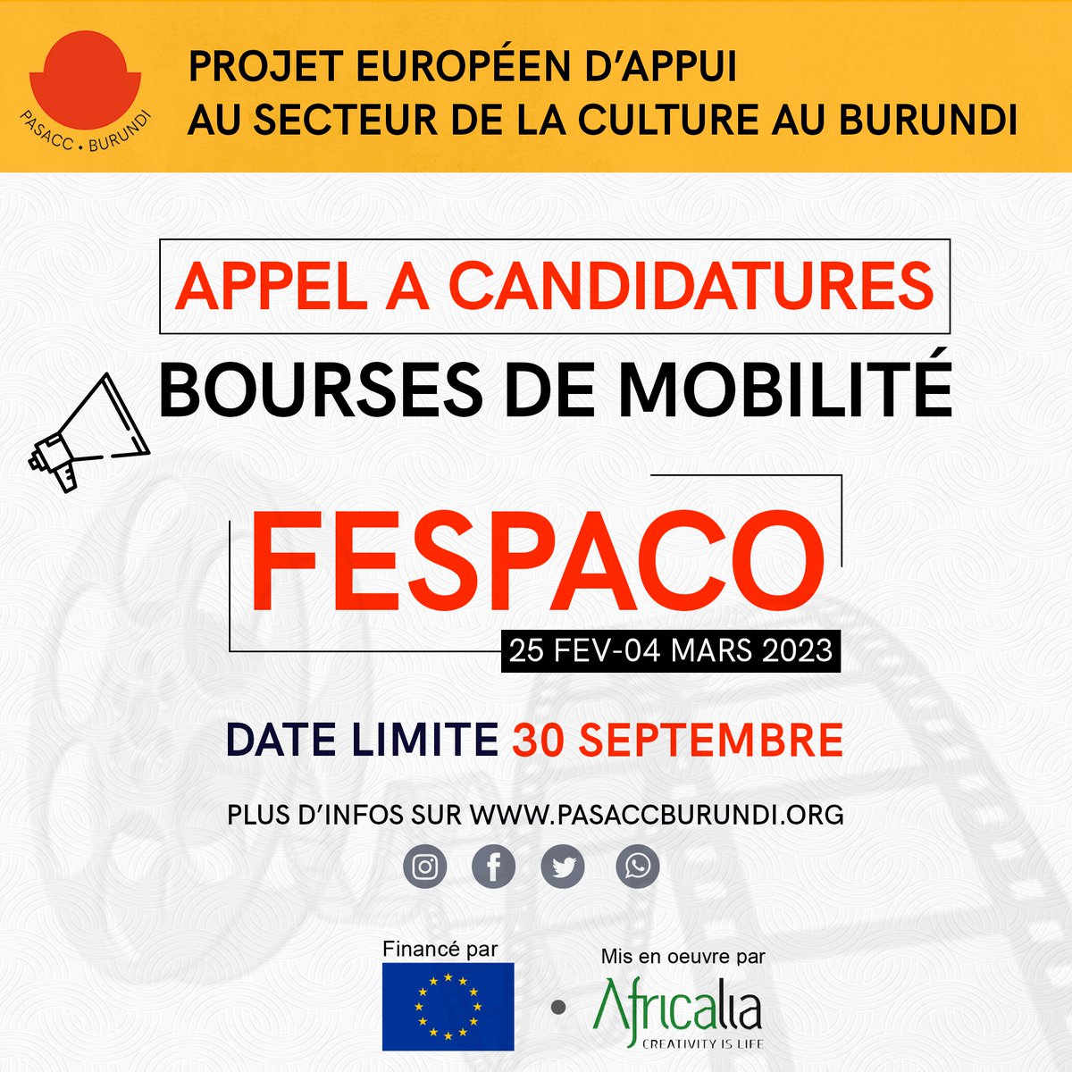 africalia's tweet photo. 📢​📢​ Dans le cadre du @PasaccB, AFRICALIA met à disposition des acteurs du secteur culturel et créatif burundais des bourses de mobilité pour 2️⃣​ grandes manifestations culturelles uniques sur le continent africain, le @FESPACO3  et les @Récréâtrales. https://t.co/mNhnvI62Av