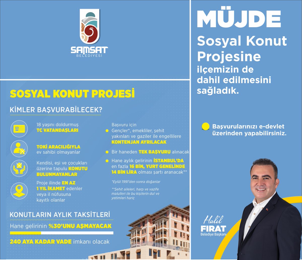 Samsat Belediyesi (@samsatbelediye1) on Twitter photo Müjde! Sosyal Konut Projesi'ne ilçemiz de dahil oldu. Başta Sn. Cumhurbaşkanımız <a href="/RTErdogan/">Recep Tayyip Erdoğan</a>'a, Çevre Şehircilik ve İklim Değişikliği Bakanı Sn. <a href="/murat_kurum/">Murat KURUM</a> ve her sıkıştığımızda desteğini bizden esirgemeyen TBMM MSK Bşk. Sn. Ahmet Aydın'a teşekkürlerimizi sunarız.
<a href="/halilfrat2/">halil fırat</a> Müjde! Sosyal Konut Projesi'ne ilçemiz de dahil oldu. Başta Sn. Cumhurbaşkanımız <a href="/RTErdogan/">Recep Tayyip Erdoğan</a>'a, Çevre Şehircilik ve İklim Değişikliği Bakanı Sn. <a href="/murat_kurum/">Murat KURUM</a> ve her sıkıştığımızda desteğini bizden esirgemeyen TBMM MSK Bşk. Sn. Ahmet Aydın'a teşekkürlerimizi sunarız.
<a href="/halilfrat2/">halil fırat</a>