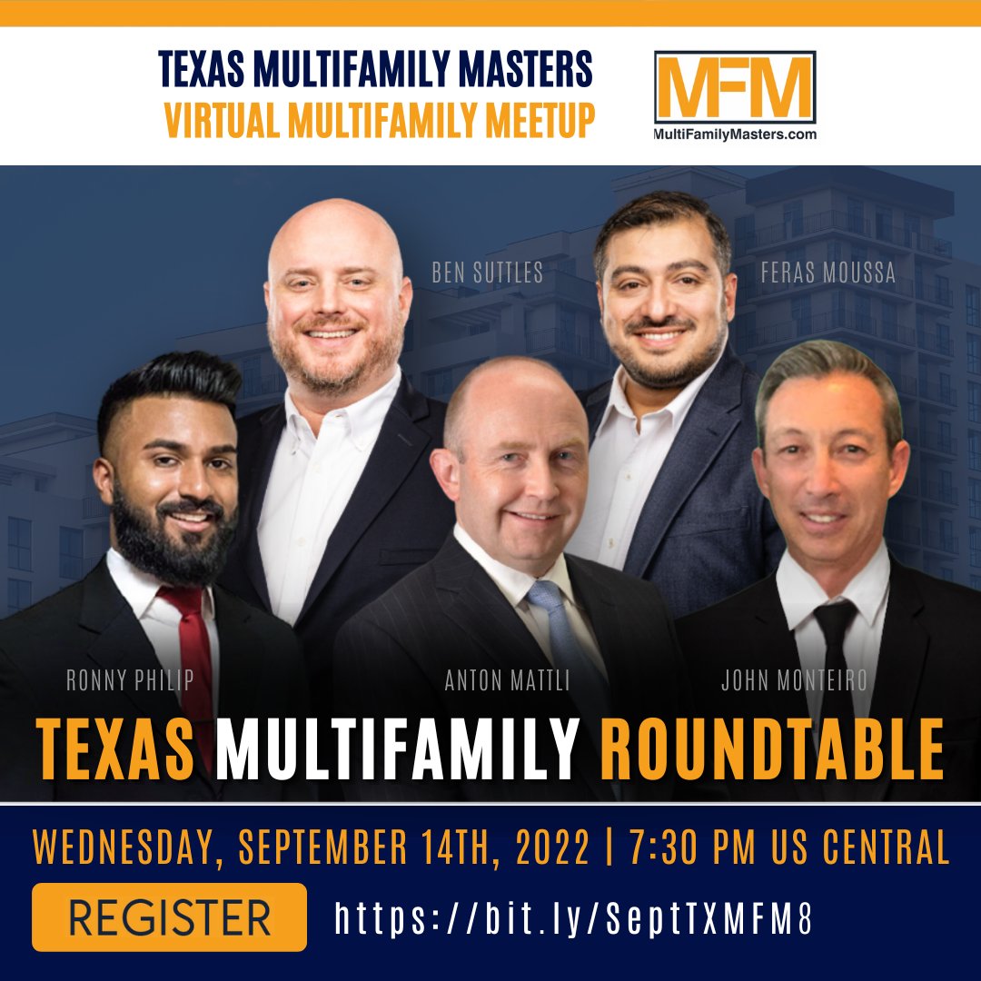 peak_financing's tweet photo. Join us TONIGHT @ 7:30 PM Central for our Texas Multifamily Masters Virtual Meetup on Zoom! Anton Mattli joins Ben Suttles, Feras Moussa, John Monteiro, and Ronny Philip as they share their forecast of the state of multifamily investments!

Register https://t.co/xKkk2hUB1R https://t.co/MGHCsHBpvr