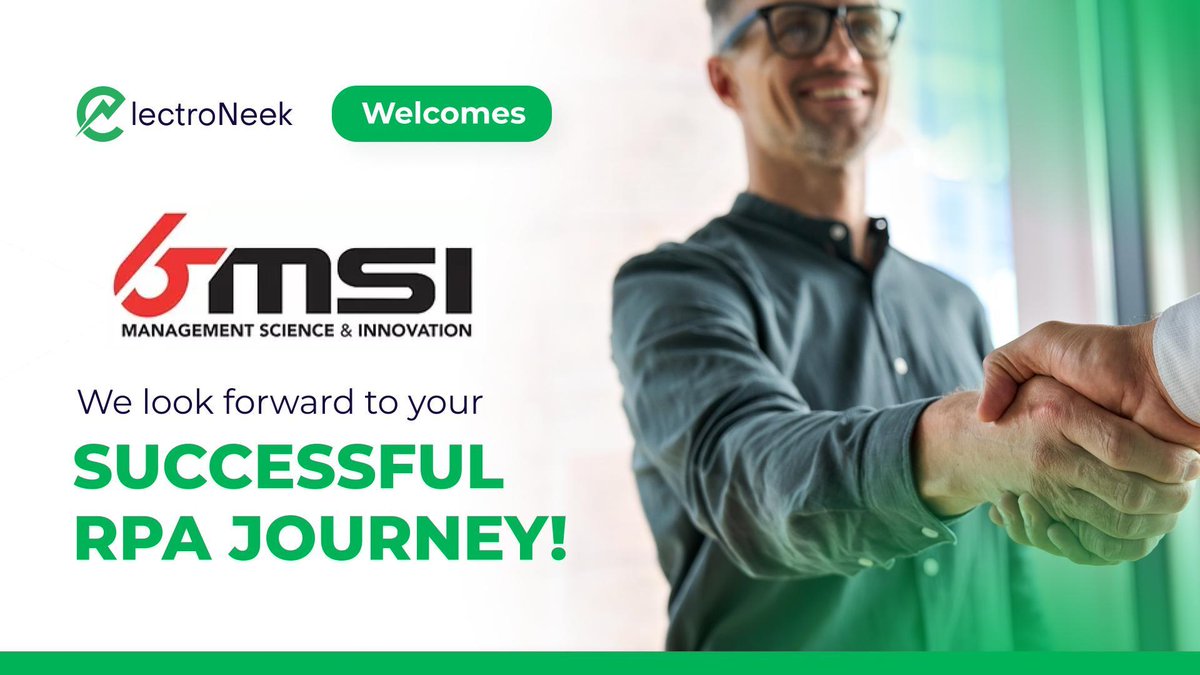 Welcome Daniel Heckman and @MSI6inc  #MSIPros to ElectroNeek! 🥳👏
New #RPA Service Provider delivering automation solutions to their customers using ElectroNeek's award-winning platform! 🏆📈

#RPASolutions #NewClientAlert #RPASuccess