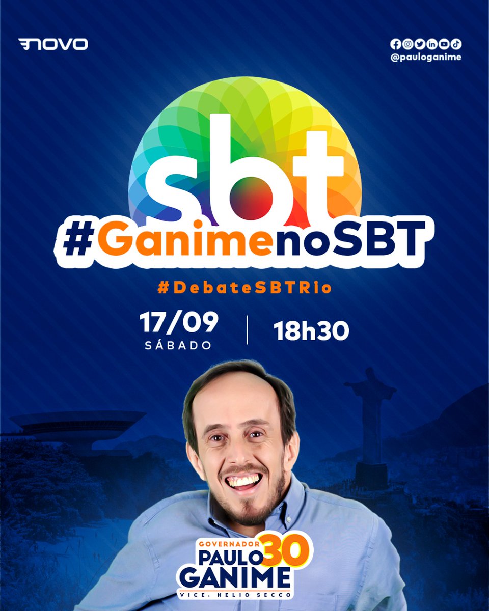 pauloganime's tweet photo. Sábado tem #GanimeNoSBT! 📺

Esqueçam as pesquisas! É no debate que a gente vê quem é competente e tem boas propostas de verdade. 😉
Por isso mesmo, não perca, no SBT!

🗓️Sábado - 17/09
🕖18h30

Compartilhe para todo mundo acompanhar ao vivo! 
Juntos, vamos mudar o Rio!
Vote 3️⃣0️⃣ https://t.co/5pyovra3hs