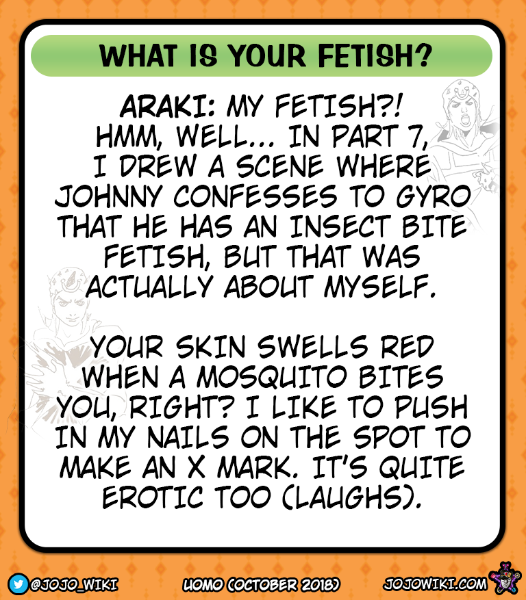 johnnyjoepics's tweet photo. hirohiko araki discussing his fetish (behind the scene of johnny’s fetish confession in sbr) — from UOMO magazine. https://t.co/bBzLTcFrd1
