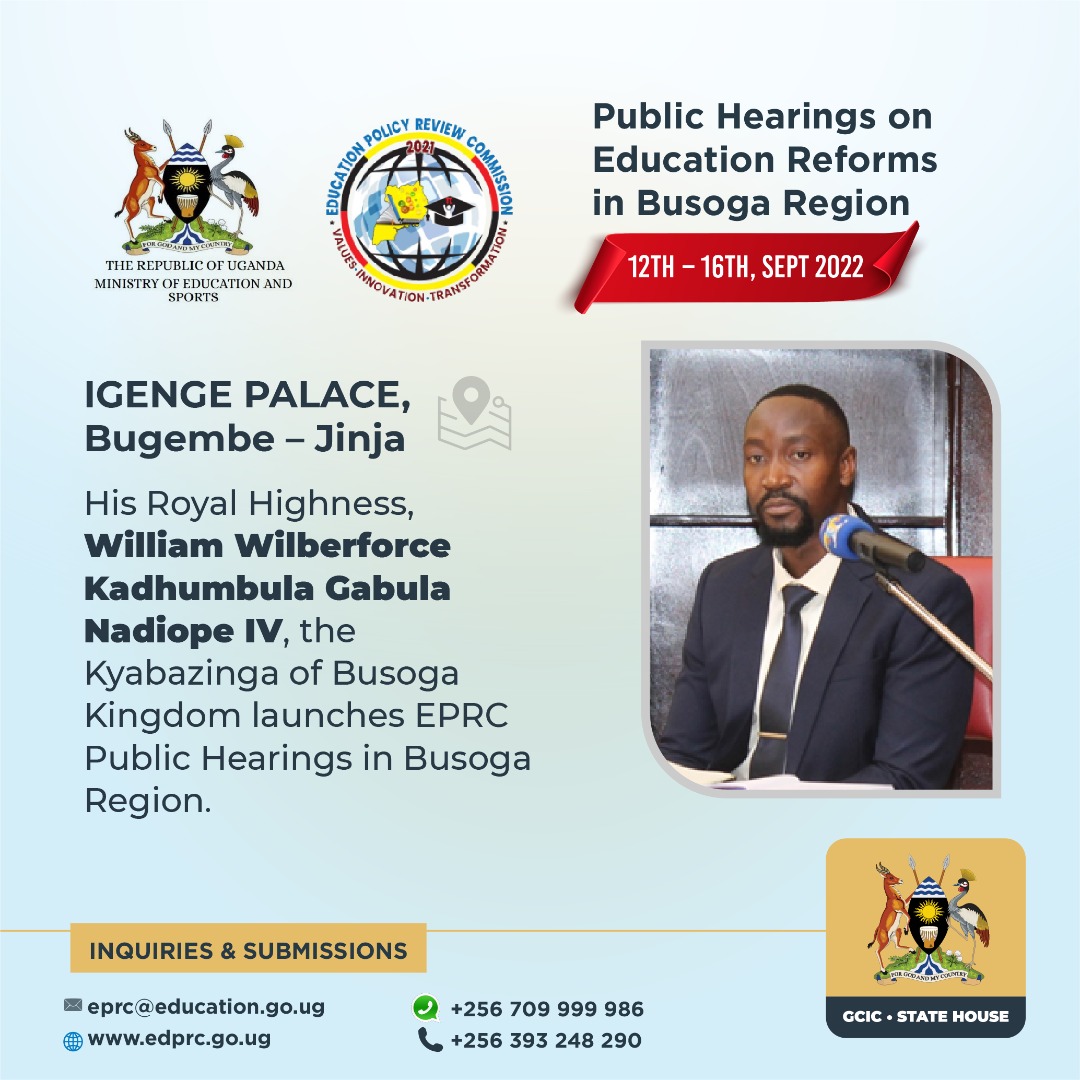 GCIC_SocialDevelopment (@gcic_socialdevt) on Twitter photo His Royal Highness, William Wilberforce Kadhumbula Gabula Nadiope IV the Kyabazinga of Busoga Kingdom launches the Education Policy Review Commission Public Hearings in Busoga Region.
#OpenGovUg #EducUg #UgAt60 ~ @Eprc_2021 <a href="/GCICUganda/">Government Citizen Interaction Centre</a> <a href="/GovUganda/">Government of Uganda</a> His Royal Highness, William Wilberforce Kadhumbula Gabula Nadiope IV the Kyabazinga of Busoga Kingdom launches the Education Policy Review Commission Public Hearings in Busoga Region.
#OpenGovUg #EducUg #UgAt60 ~ @Eprc_2021 <a href="/GCICUganda/">Government Citizen Interaction Centre</a> <a href="/GovUganda/">Government of Uganda</a>