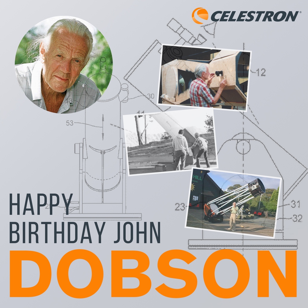 Celestron's tweet photo. #HBD John Dobson! His most notable contribution to astronomy is the Dobsonian telescope. Featured in our #StarSenseExplorer Dobsonian, the scope is a portable, low-cost Newtonian reflector with a large aperture optimal for observing faint, deepsky objects. https://t.co/vTSOg5d1dd https://t.co/SJzHYbmNU5