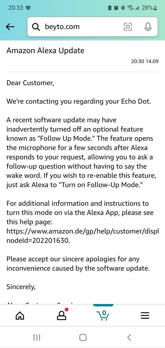 An update for Echo Dot might break "Follow Up Mode", Amazon just announced via Notification and E-Mail to customers. But there's an easy solution. Just say: "Alexa, turn on follow up mode" to enable it again.