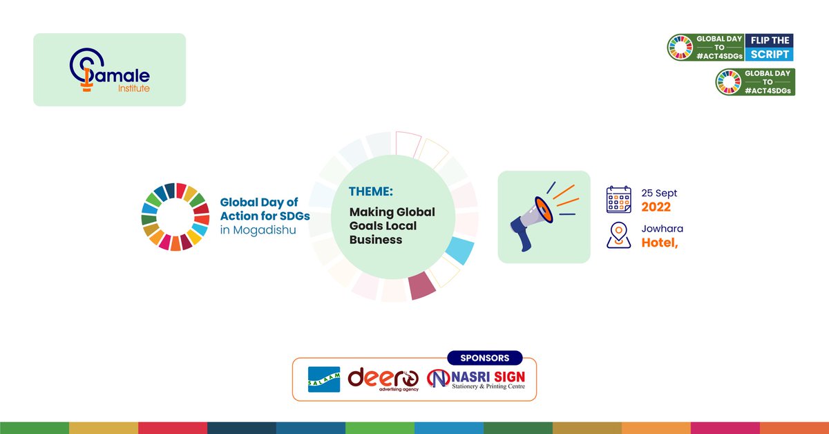SamaleInstitute's tweet photo. Global day of action for SDGs is around the corner to take place in Mogadishu for the first time. Join us to #Act4SDGs &amp; #FlipTheScript @SDGaction @UNDPSomalia https://t.co/mwNnD8sOw8