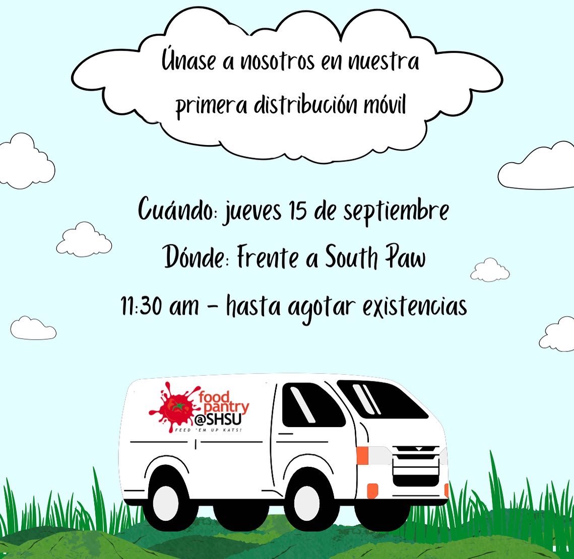 The food pantry is coming to you! Join us for our very first mobile distribution! 
#SHSU26 #SHSU25 #SHSU24 #SHSU23 #SHSU22 #SHSU #FoodPantry #EatEmUpKats