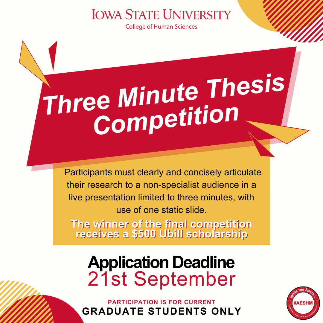 The Graduate College invites you to participate in Iowa State University’s Seventh Annual Three Minute Thesis (3MT) competition. The application deadline is September 21st at 11:59pm. (link in bio)

#IowaState #ISU #CHS #AESHM #SeeTheSpark #FeedTheSpark