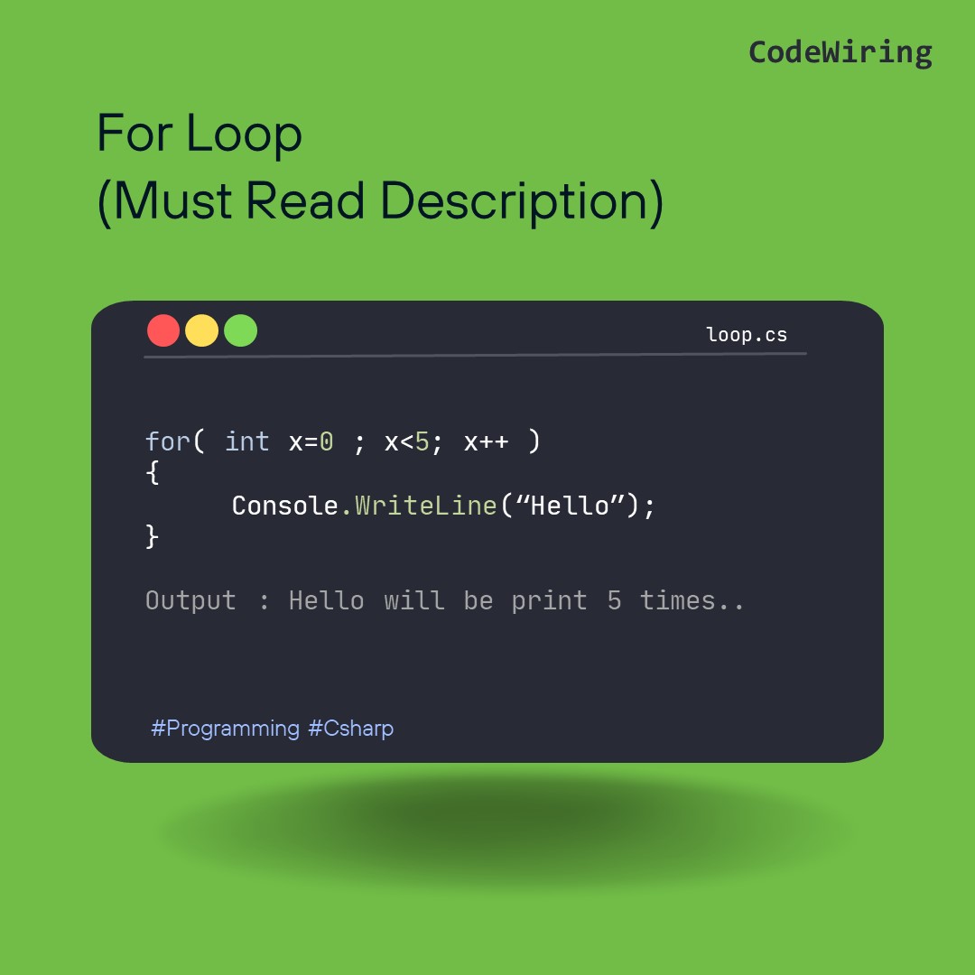 CodeWiring's tweet image. First Statement ( int x=0 ) is executed one time before execution of code block.
Second Statement (x&lt;5) defines the condition for executing the code block.
Third Statement (x++) is executed every time after execution of code block.
.
.
.
#programming #csharp #forloop #codewiring