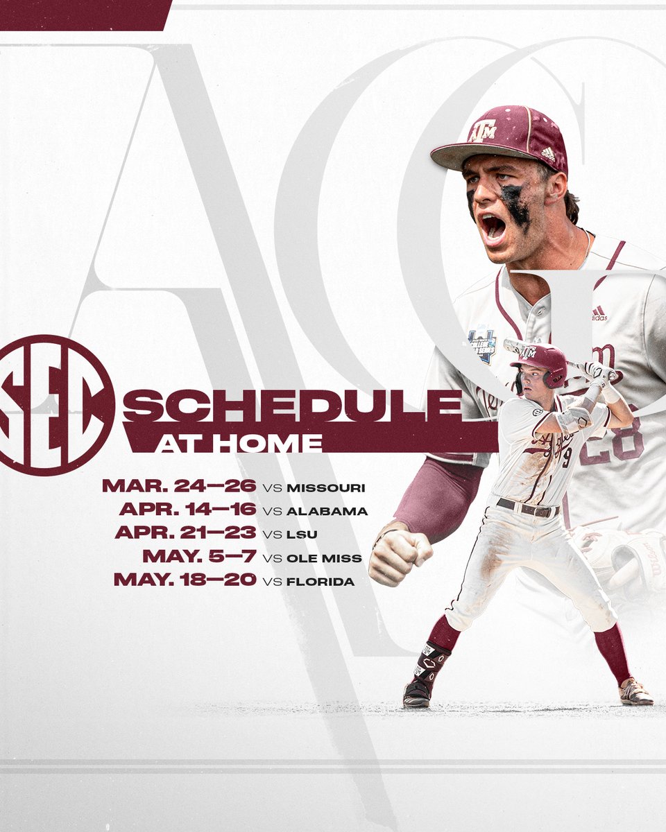 AggieBaseball's tweet photo. 2023 @SEC schedule is here.
Consider the calendar 𝙢𝙖𝙧𝙠𝙚𝙙.

📰 https://t.co/QatIY03CCI https://t.co/5Jb7HTLl4L