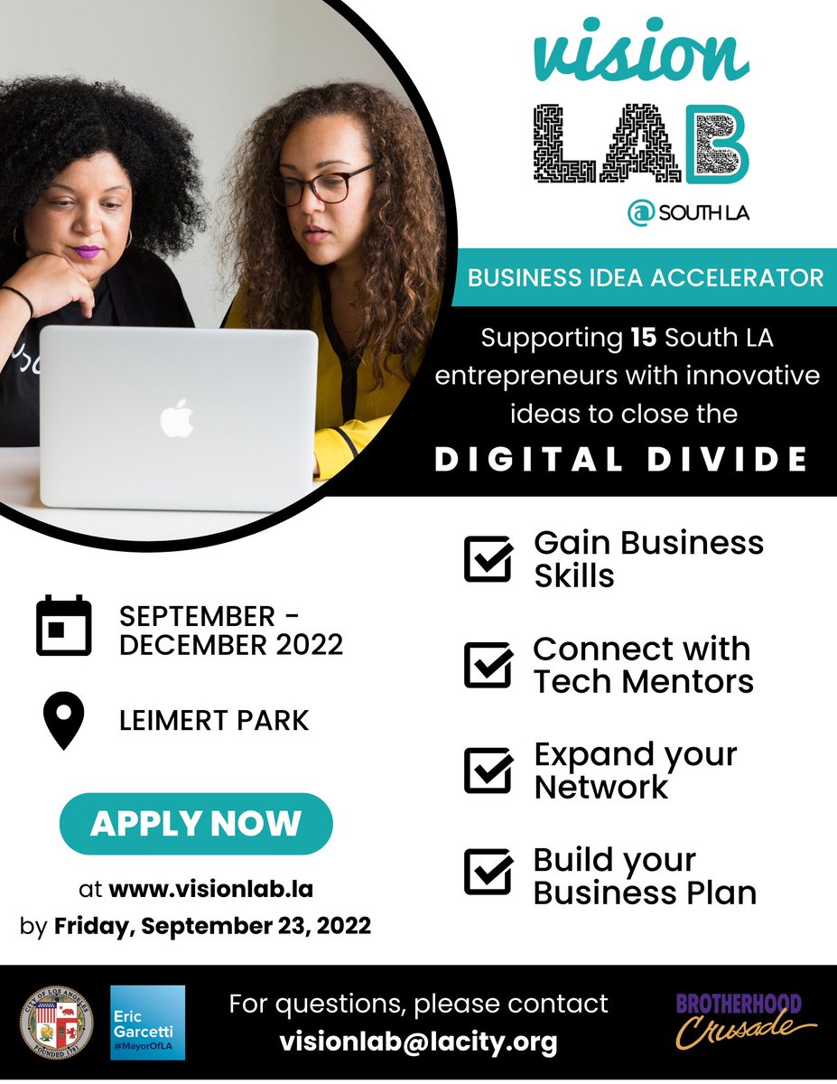 MayorOfLA's tweet image. Closing the Digital Divide in L.A. is one of my top priorities.
 
#VisionLab @ South LA Business Idea Accelerator is looking for 15 entrepreneurs with innovative ideas that can connect more Angelenos in today’s digital world. 
 
Apply now at VisionLab.la.