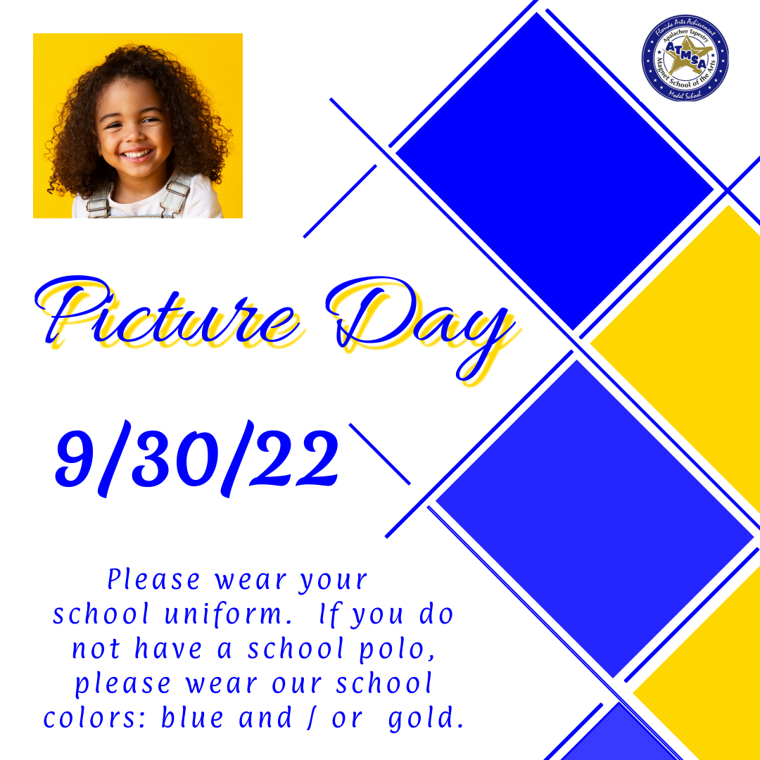 Picture Day is Friday, September 30th, 2022.

Please wear your school uniform.  If you do not have a school polo, please wear our school colors: blue and / or gold.