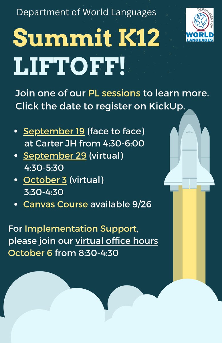 _World_Language's tweet photo. Join us for Summit K12 training! Beginning next week. Register via KickUp. #ArlingtonISDWorldLanguages #WLPD #powerhouse7 https://t.co/B5ZQJqEpni