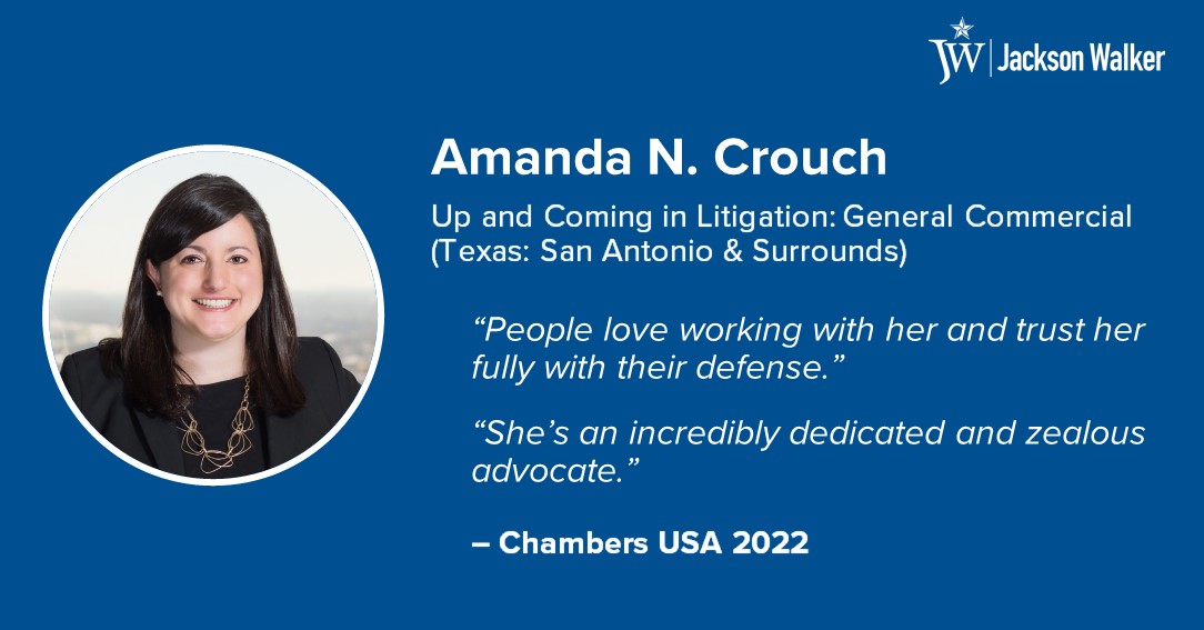 LitigationAlert's tweet photo. Congratulations, Amanda Crouch! https://t.co/IqnR6JMlDY

Amanda has experience assisting a broad range of clients in both trials and appeals.
🔗 https://t.co/xsvQgoPbZf

#Chambers2022 #JWLitigation #appellate #SanAntonio #Texas https://t.co/6sDUs1IcSd