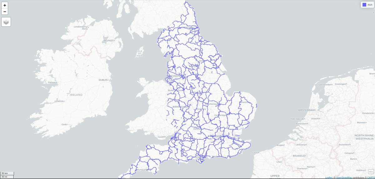 Pretty rudimentary, but I made a map of the National Cycle Network developed and maintained by <a href="/Sustrans/">i</a>. Or at least the English part of it, apologies 🏴󠁧󠁢󠁷󠁬󠁳󠁿+🏴󠁧󠁢󠁳󠁣󠁴󠁿, will try to do more things for GB and beyond 🗺️ #gischat thanks for the inspiration <a href="/pokateo_/">🥔🗺</a>! Feedback welcome : )