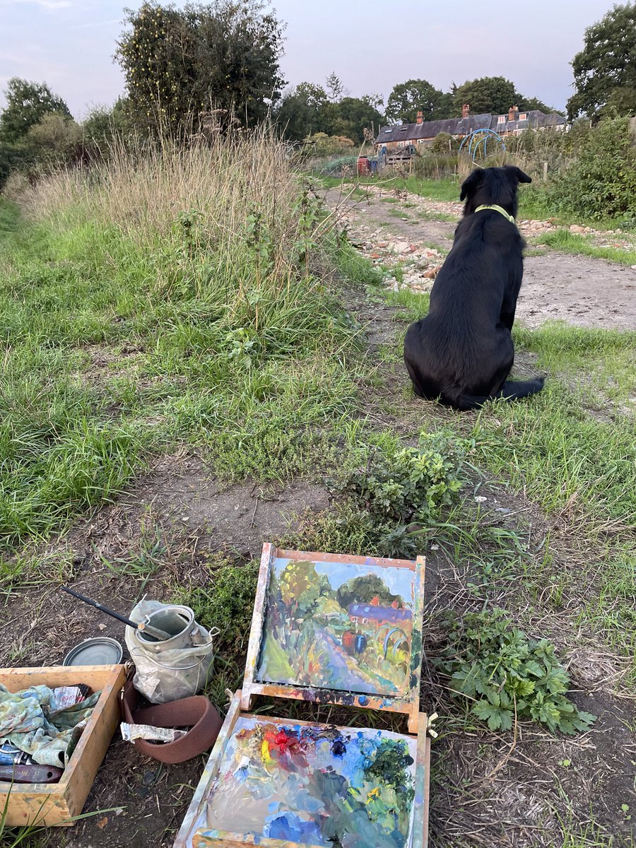julsart's tweet photo. Just got back from painting the allotments as the sun goes down behind me. #sundown #paintingoftheday #pleinair #oilpainting #chilternhills #dogwalks https://t.co/mHrZcq2CbT