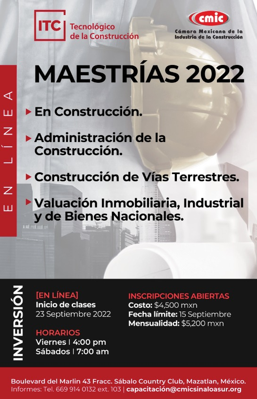 CmicSinaloasur's tweet photo. 🚧🔴📣Aún tenemos espacios en nuestras Maestrías
¡Aparta tu lugar inscribiéndote, iniciamos el 23 de septiembre!
✔Admón. de la Construcción
✔En Construcción
✔Construcción de Vías Terrestres
✔Gerencia de Proyectos
✔Valuación Inmobiliaria, Industrial y de Bienes Nacionales https://t.co/ONczqE6Qgp