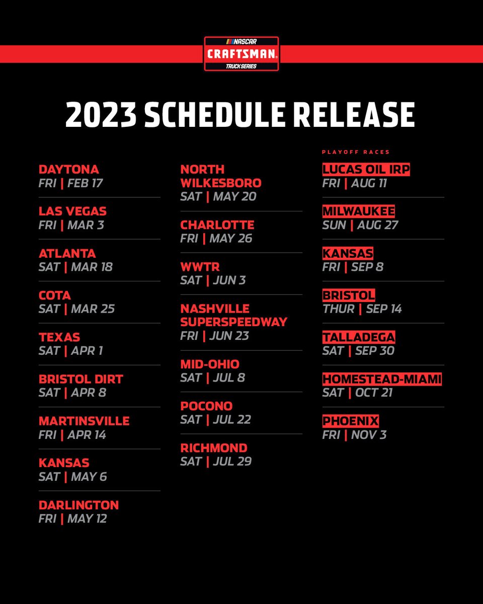 NASCAR_Trucks's tweet image. Tough as they come. 👊

The 2023 Craftsman Truck Series schedule is here.
