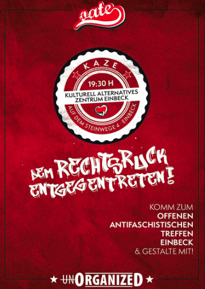 Das nächste #Oate findet kommenden Samstag, 17.09.2022 um 19:30Uhr im #Kaze statt.
Kommt vorbei und sagt es euren Freund*innen weiter. 
#GetOrganized

#Einbeck #FckNzs #FckAfD