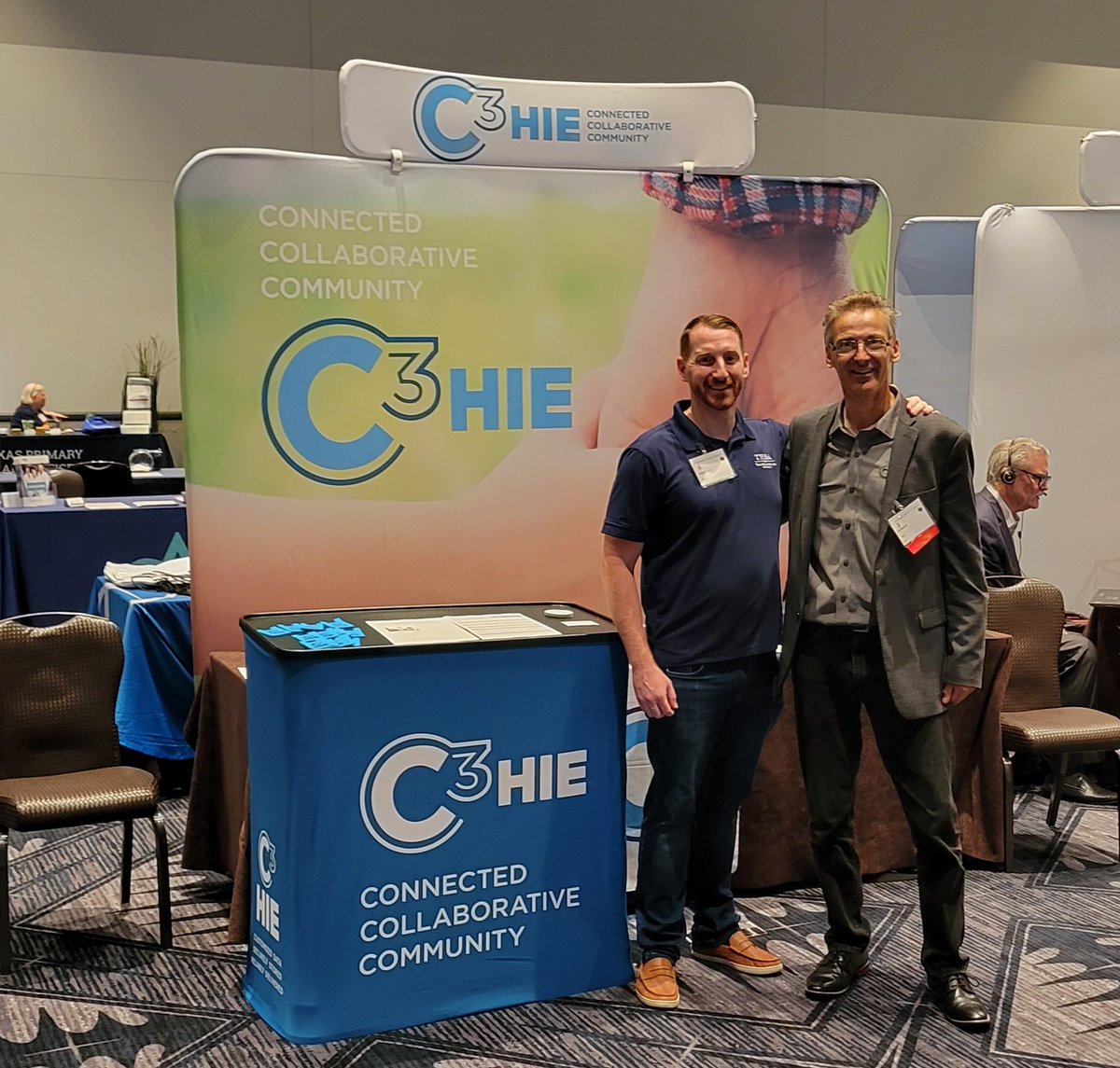 HIEs are #together4health. <a href="/beckett_texas/">Phil Beckett</a> with <a href="/C3HIE/">C3HIE: Connected Collaborative Community</a> and @GeorgeGooch1 with <a href="/THSA_HealthIT/">THSA_HealthIT</a> at the <a href="/torchnet/">TORCH</a> #TORCH #TARCH conference serving rural providers.