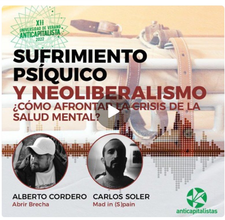 Obradoiro sobre saúde mental da #UniVeranoAnticapi "Sufrimiento psíquico y neoliberalismo ¿Cómo afrontar la crisis de salud mental?" con @AlbertoCMart, militante de <a href="/AbrirBrecha/">Abrir Brecha</a> e <a href="/Anticapi/">Anticapitalistas</a> e Carlos Soler, de Madi(S)pain.
soundcloud.com/poderpopular/s…

Spotify 
open.spotify.com/episode/7F745N…