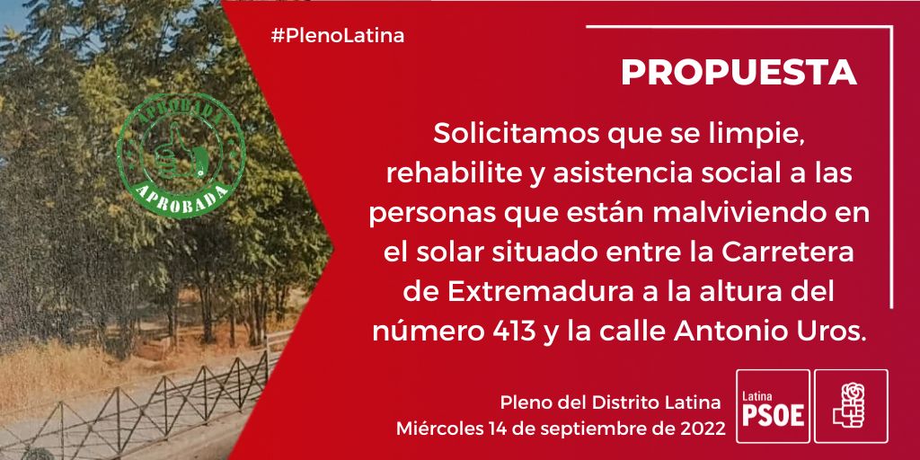 psoelatina's tweet photo. ✅ Se aprueba nuestra propuesta a la @JMDLatina #rehabilite y #AsistenciaSocial a las personas que están malviviendo en el solar situado entre la Carretera de Extremadura 413

🔗 Más info 👇
https://t.co/4geWMsjFsd

#PSOE #PSOEMadrid #PSOELatina #DistritoLatina #Limpieza https://t.co/0AW81iJkMY