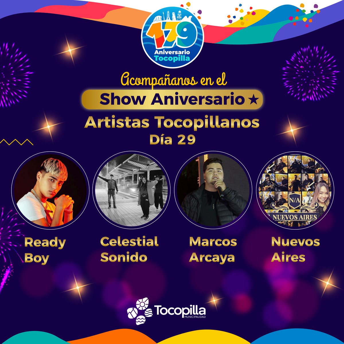 Hola, Tocopilla!🎉

Les compartimos el Line-Up Oficial del Show de nuestro 179 Aniversario de Tocopilla, desde las 20:00 horas en la playa "El Salitre", los días 28 y 29 de Septiembre🎊🍾

¡Ven y súmate a nuestra celebración!🎈
#Tocopilla #anivesario129 #músicaenvivo