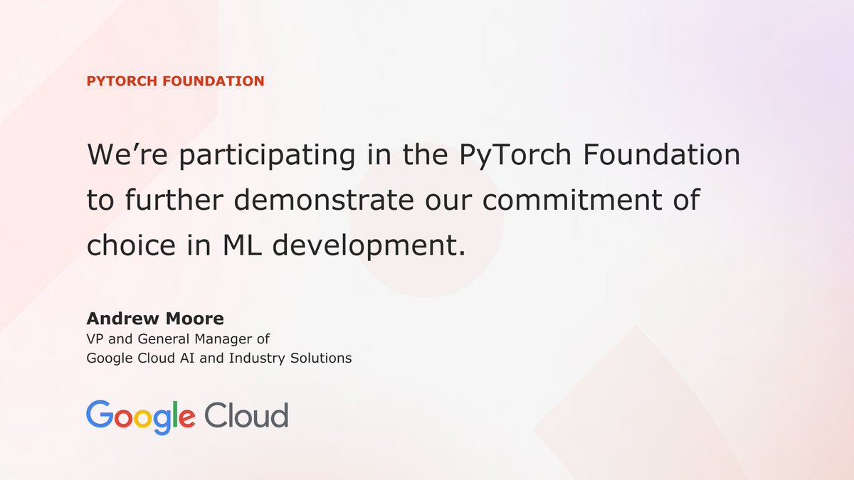 PyTorch's tweet image. Cloud computing services and #PyTorchFoundation representative @googlecloud expresses how excited they are to be part of the Foundation’s governing board.