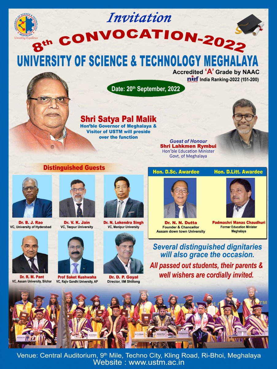 ustm_A's tweet photo. USTM is having its #8thConvocation on 20th September. Hon'ble #Governor of Meghalaya @SatyapalMalik6 will preside over the function.
#Convocation https://t.co/t5TgbngpJ5