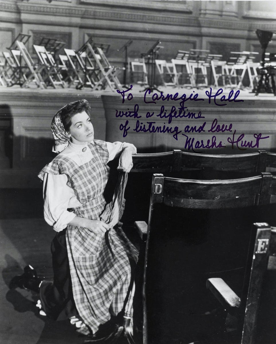 We remember Marsha Hunt, star of the 1947 film “Carnegie Hall.” 📷: Hunt on the set of the film in 1946, inscribed, “To Carnegie Hall with a lifetime of listening and love” (courtesy of the Carnegie Hall Rose Archives). Learn more about the film: bit.ly/3QYvmEV