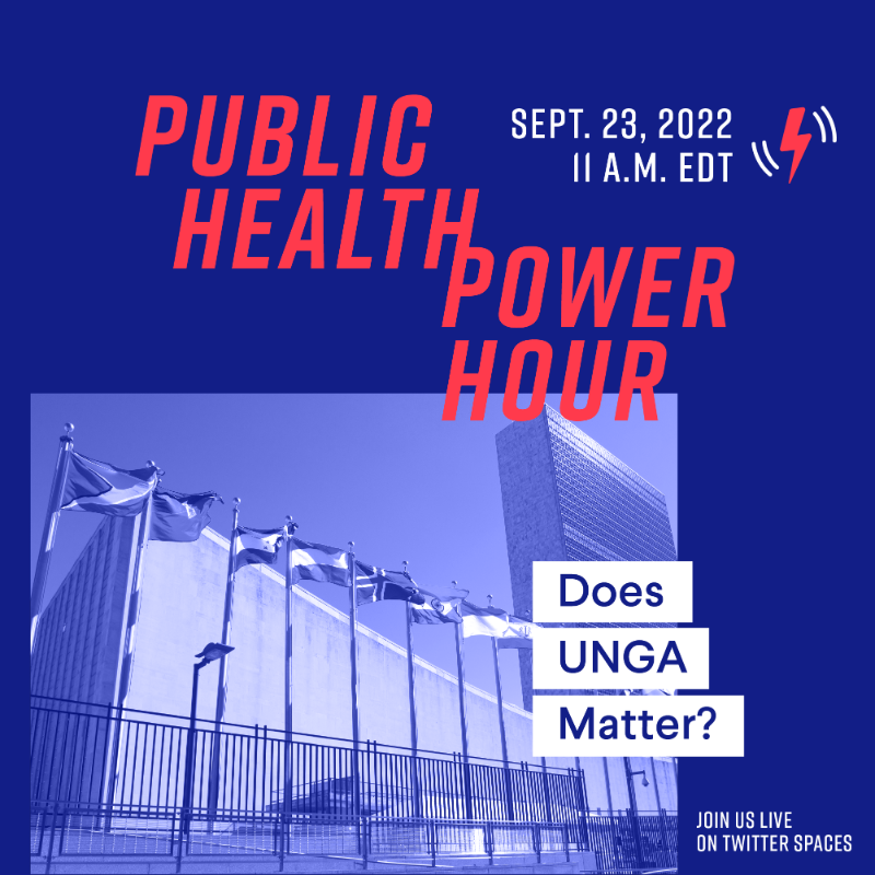 VitalStrat's tweet photo. Join us Sept. 23 for a Public Health Power Hour wrap up of #UNGA.

We'll discuss the week's highlights, how it is tackling generational challenges—rebuilding public health post-COVID, climate change, political instability—and offer perspectives on the topic “Does UNGA Matter?”.
