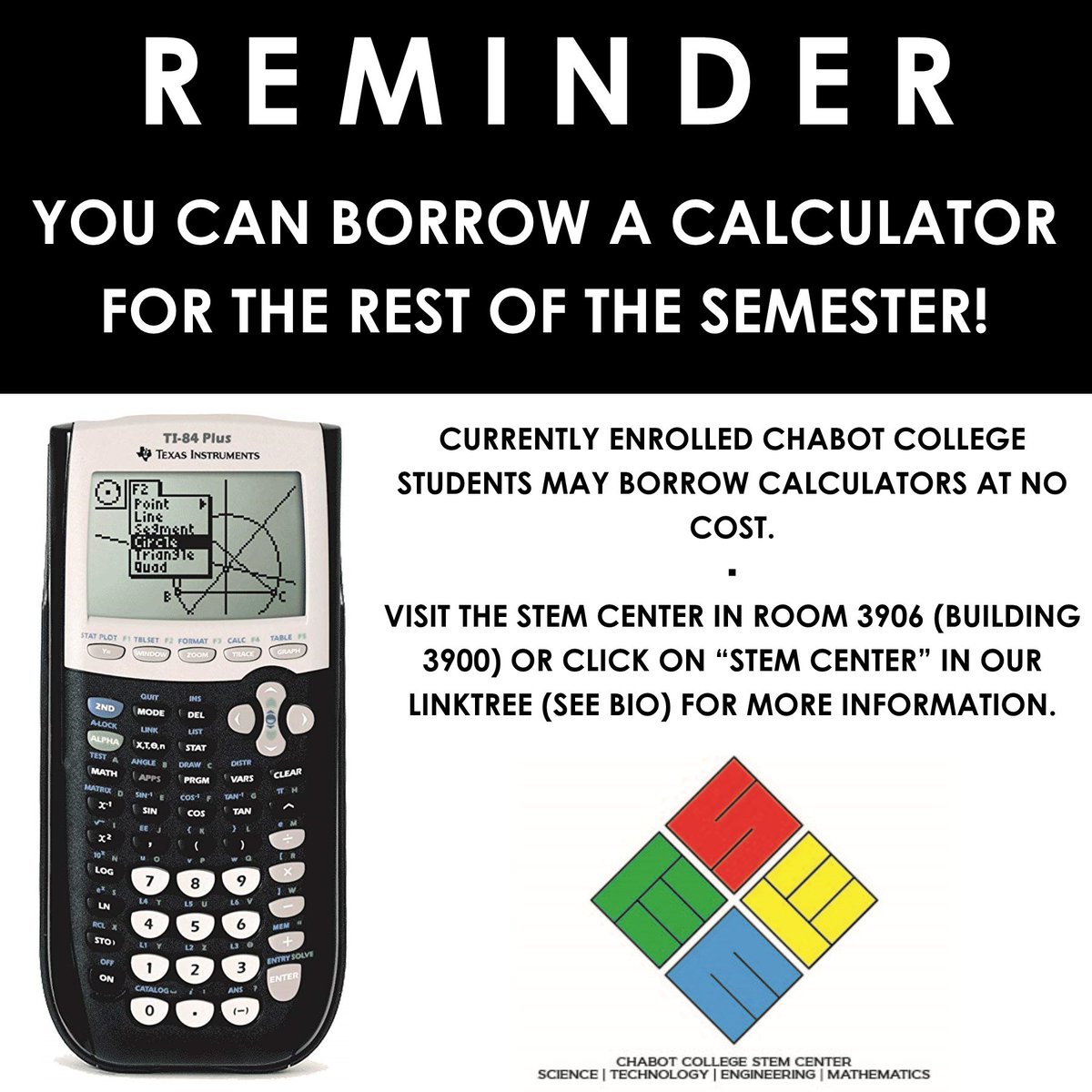 Chabot_LC's tweet image. Calculators are still available in the STEM Center!

#chabotcollegelearningconnection #chabotlearningconnection #learningconnection #chabotcollegestemcenter #chabotstemcenter #stemcenter #chabotcollege #chabot #freecalculator #calculator