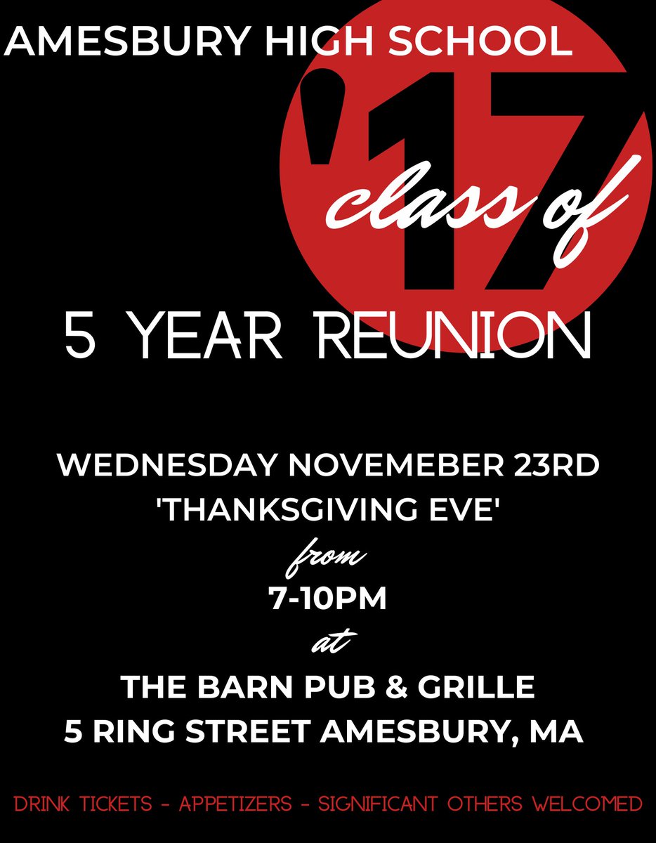 Amesbury2017's tweet photo. CLASS OF 2017!!! Welcome back! It’s been a while since we last saw eachother. We are pleased to announce the plans and invitation for our first ever AHS Reunion Night for 5 year’s post-grad! 11/23/22 from 7-10 PM @ The Barn. Hope you can make it and see ya there. 🤝 https://t.co/OoYT0HZc2C