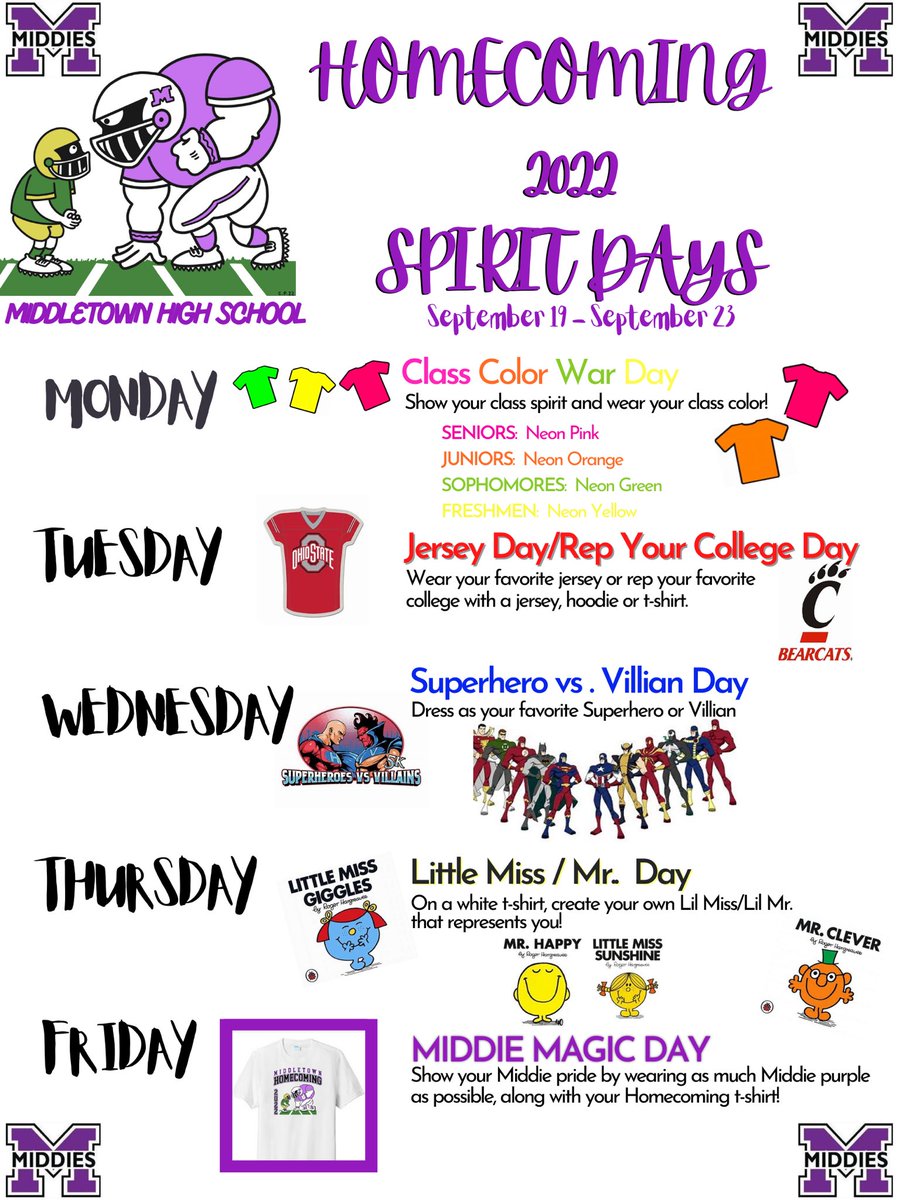 Hey <a href="/MiddletownOH/">Middletown City Schools</a> &amp; <a href="/MHSMiddieTweets/">Middletown HS</a> , next week is ✨HOMECOMING✨.  Here are our spirit days for next week!!  We’d love for everyone to participate! #MiddieHOCO22